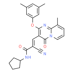 ChemSpider 2D Image | (2E)-2-Cyano-N-cyclopentyl-3-[2-(3,5-dimethylphenoxy)-9-methyl-4-oxo-4H-pyrido[1,2-a]pyrimidin-3-yl]acrylamide | C26H26N4O3