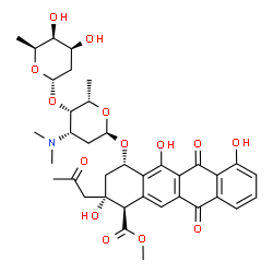 ChemSpider 2D Image | Methyl (1R,2S,4S)-2,5,7-trihydroxy-6,11-dioxo-2-(2-oxopropyl)-4-{[2,3,6-trideoxy-4-O-(2,6-dideoxy-alpha-L-lyxo-hexopyranosyl)-3-(dimethylamino)-alpha-L-lyxo-hexopyranosyl]oxy}-1,2,3,4,6,11-hexahydro-1
-tetracenecarboxylate | C37H45NO14