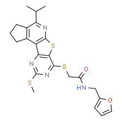 ChemSpider 2D Image | N-(2-Furylmethyl)-2-{[4-isopropyl-9-(methylsulfanyl)-2,3-dihydro-1H-cyclopenta[4',5']pyrido[3',2':4,5]thieno[3,2-d]pyrimidin-7-yl]sulfanyl}acetamide | C23H24N4O2S3