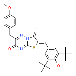ChemSpider 2D Image | (2Z)-2-[4-Hydroxy-3,5-bis(2-methyl-2-propanyl)benzylidene]-6-(4-methoxybenzyl)-7H-[1,3]thiazolo[3,2-b][1,2,4]triazine-3,7(2H)-dione | C28H31N3O4S