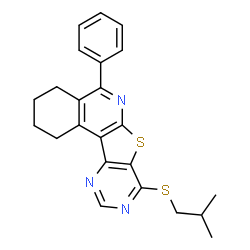 ChemSpider 2D Image | 8-(Isobutylsulfanyl)-5-phenyl-1,2,3,4-tetrahydropyrimido[4',5':4,5]thieno[2,3-c]isoquinoline | C23H23N3S2
