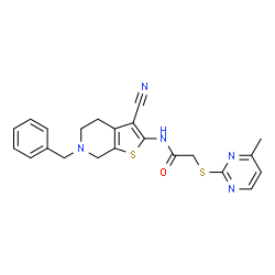 ChemSpider 2D Image | N-(6-Benzyl-3-cyano-4,5,6,7-tetrahydrothieno[2,3-c]pyridin-2-yl)-2-[(4-methyl-2-pyrimidinyl)sulfanyl]acetamide | C22H21N5OS2