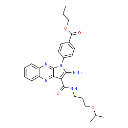 ChemSpider 2D Image | Propyl 4-{2-amino-3-[(3-isopropoxypropyl)carbamoyl]-1H-pyrrolo[2,3-b]quinoxalin-1-yl}benzoate | C27H31N5O4