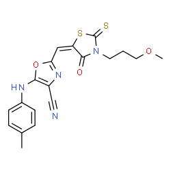 ChemSpider 2D Image | 2-{(E)-[3-(3-Methoxypropyl)-4-oxo-2-thioxo-1,3-thiazolidin-5-ylidene]methyl}-5-[(4-methylphenyl)amino]-1,3-oxazole-4-carbonitrile | C19H18N4O3S2