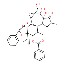 ChemSpider 2D Image | 6,7-Dihydroxy-8-(hydroxymethyl)-16-isopropenyl-4,18-dimethyl-5-oxo-14-phenyl-9,13,15,19-tetraoxahexacyclo[12.4.1.0~1,11~.0~2,6~.0~8,10~.0~12,16~]nonadec-17-yl benzoate | C34H36O10