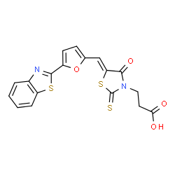 ChemSpider 2D Image | 3-[(5Z)-5-{[5-(1,3-Benzothiazol-2-yl)-2-furyl]methylene}-4-oxo-2-thioxo-1,3-thiazolidin-3-yl]propanoic acid | C18H12N2O4S3