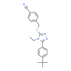 ChemSpider 2D Image | 4-[({4-Ethyl-5-[4-(2-methyl-2-propanyl)phenyl]-4H-1,2,4-triazol-3-yl}sulfanyl)methyl]benzonitrile | C22H24N4S