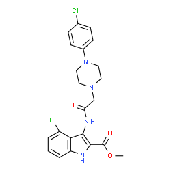 ChemSpider 2D Image | Methyl 4-chloro-3-({[4-(4-chlorophenyl)-1-piperazinyl]acetyl}amino)-1H-indole-2-carboxylate | C22H22Cl2N4O3