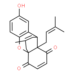 ChemSpider 2D Image | 6-Hydroxy-16-methyl-10-(3-methyl-2-buten-1-yl)-2-oxatetracyclo[7.5.3.0~1,10~.0~3,8~]heptadeca-3,5,7,12,16-pentaene-11,14-dione | C22H22O4