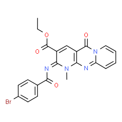 ChemSpider 2D Image | Ethyl (2Z)-2-[(4-bromobenzoyl)imino]-1-methyl-5-oxo-1,5-dihydro-2H-dipyrido[1,2-a:2',3'-d]pyrimidine-3-carboxylate | C22H17BrN4O4