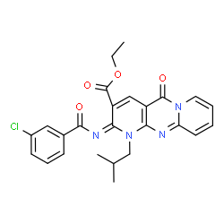 ChemSpider 2D Image | Ethyl (2E)-2-[(3-chlorobenzoyl)imino]-1-isobutyl-5-oxo-1,5-dihydro-2H-dipyrido[1,2-a:2',3'-d]pyrimidine-3-carboxylate | C25H23ClN4O4