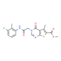 ChemSpider 2D Image | Methyl 3-{2-[(3-chloro-2-methylphenyl)amino]-2-oxoethyl}-5-methyl-4-oxo-3,4-dihydrothieno[2,3-d]pyrimidine-6-carboxylate | C18H16ClN3O4S