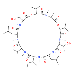 ChemSpider 2D Image | 18-sec-Butyl-24-(1-hydroxyethyl)-9-(hydroxymethyl)-12,21-diisobutyl-6,15,27-triisopropyl-3,4,13,16,19,25-hexamethyl-1,7-dioxa-4,10,13,16,19,22,25-heptaazacycloheptacosane-2,5,8,11,14,17,20,23,26-nonon
e | C48H85N7O13