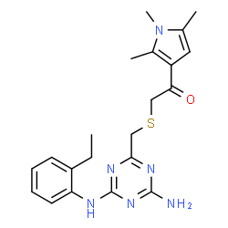 ChemSpider 2D Image | 2-[({4-Amino-6-[(2-ethylphenyl)amino]-1,3,5-triazin-2-yl}methyl)sulfanyl]-1-(1,2,5-trimethyl-1H-pyrrol-3-yl)ethanone | C21H26N6OS