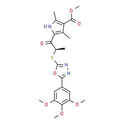 ChemSpider 2D Image | Methyl 2,4-dimethyl-5-[(2R)-2-{[5-(3,4,5-trimethoxyphenyl)-1,3,4-oxadiazol-2-yl]sulfanyl}propanoyl]-1H-pyrrole-3-carboxylate | C22H25N3O7S