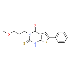 ChemSpider 2D Image | 2-mercapto-3-(3-methoxypropyl)-6-phenylthieno[2,3-d]pyrimidin-4(3H)-one | C16H16N2O2S2