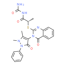 ChemSpider 2D Image | (2S)-N-Carbamoyl-2-{[3-(1,5-dimethyl-3-oxo-2-phenyl-2,3-dihydro-1H-pyrazol-4-yl)-4-oxo-3,4-dihydro-2-quinazolinyl]sulfanyl}propanamide | C23H22N6O4S