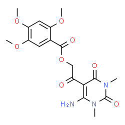 ChemSpider 2D Image | 2-(6-Amino-1,3-dimethyl-2,4-dioxo-1,2,3,4-tetrahydro-5-pyrimidinyl)-2-oxoethyl 2,4,5-trimethoxybenzoate | C18H21N3O8