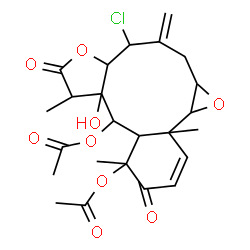 ChemSpider 2D Image | 8-Chloro-11a-hydroxy-1,4a,11-trimethyl-7-methylene-2,10-dioxo-1,2,4a,4b,5a,6,7,8,8a,10,11,11a,12,12a-tetradecahydrobenzo[4,5]oxireno[6,7]cyclodeca[1,2-b]furan-1,12-diyl diacetate | C24H29ClO9