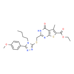 ChemSpider 2D Image | Ethyl 2-({[4-butyl-5-(4-methoxyphenyl)-4H-1,2,4-triazol-3-yl]sulfanyl}methyl)-5-methyl-4-oxo-3,4-dihydrothieno[2,3-d]pyrimidine-6-carboxylate | C24H27N5O4S2