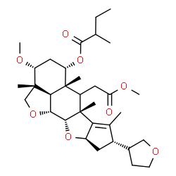 ChemSpider 2D Image | (2aR,3R,5S,5aR,6aR,8S,9aR,10aS,10bR,10cR)-3-Methoxy-6-(2-methoxy-2-oxoethyl)-2a,5a,6a,7-tetramethyl-8-[(3S)-tetrahydro-3-furanyl]-2a,4,5,5a,6,6a,8,9,9a,10a,10b,10c-dodecahydro-2H,3H-cyclopenta[b]furo[
2',3',4':4,5]naphtho[2,3-d]furan-5-yl 2-methylbutanoate | C33H50O8