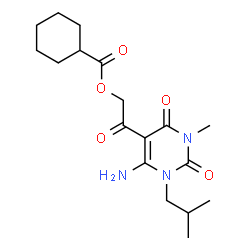 ChemSpider 2D Image | 2-(6-Amino-1-isobutyl-3-methyl-2,4-dioxo-1,2,3,4-tetrahydro-5-pyrimidinyl)-2-oxoethyl cyclohexanecarboxylate | C18H27N3O5