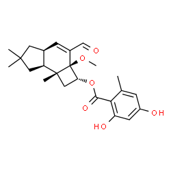 ChemSpider 2D Image | (2R,2aS,4aS,7aS,7bR)-3-Formyl-2a-methoxy-6,6,7b-trimethyl-2,2a,4a,5,6,7,7a,7b-octahydro-1H-cyclobuta[e]inden-2-yl 2,4-dihydroxy-6-methylbenzoate | C24H30O6