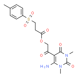 ChemSpider 2D Image | 2-(6-Amino-1,3-dimethyl-2,4-dioxo-1,2,3,4-tetrahydro-5-pyrimidinyl)-2-oxoethyl 3-[(4-methylphenyl)sulfonyl]propanoate | C18H21N3O7S