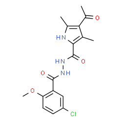 ChemSpider 2D Image | 4-Acetyl-N'-(5-chloro-2-methoxybenzoyl)-3,5-dimethyl-1H-pyrrole-2-carbohydrazide | C17H18ClN3O4