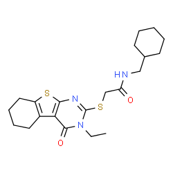 ChemSpider 2D Image | N-(Cyclohexylmethyl)-2-[(3-ethyl-4-oxo-3,4,5,6,7,8-hexahydro[1]benzothieno[2,3-d]pyrimidin-2-yl)sulfanyl]acetamide | C21H29N3O2S2