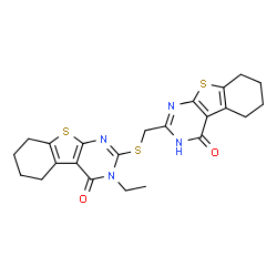 ChemSpider 2D Image | 3-Ethyl-2-{[(4-oxo-3,4,5,6,7,8-hexahydro[1]benzothieno[2,3-d]pyrimidin-2-yl)methyl]sulfanyl}-5,6,7,8-tetrahydro[1]benzothieno[2,3-d]pyrimidin-4(3H)-one | C23H24N4O2S3