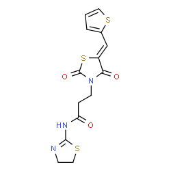 ChemSpider 2D Image | N-(4,5-Dihydro-1,3-thiazol-2-yl)-3-[(5Z)-2,4-dioxo-5-(2-thienylmethylene)-1,3-thiazolidin-3-yl]propanamide | C14H13N3O3S3