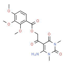 ChemSpider 2D Image | 2-(6-Amino-1,3-dimethyl-2,4-dioxo-1,2,3,4-tetrahydro-5-pyrimidinyl)-2-oxoethyl 2,3,4-trimethoxybenzoate | C18H21N3O8