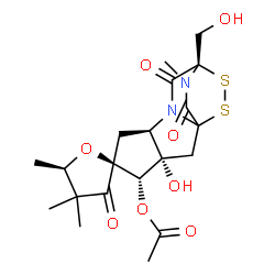 ChemSpider 2D Image | (3S,4S,5S,5'R,7R,10S)-3-Hydroxy-10-(hydroxymethyl)-4',4',5',14-tetramethyl-3',9,13-trioxodihydro-3'H-spiro[11,12-dithia-8,14-diazatetracyclo[8.2.2.0~1,8~.0~3,7~]tetradecane-5,2'-furan]-4-yl acetate | C20H26N2O8S2