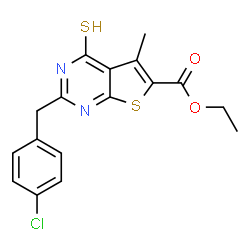 ChemSpider 2D Image | ethyl 2-(4-chlorobenzyl)-4-mercapto-5-methylthieno[2,3-d]pyrimidine-6-carboxylate | C17H15ClN2O2S2