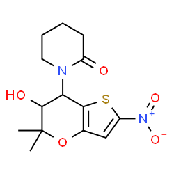 ChemSpider 2D Image | 1-(6-Hydroxy-5,5-dimethyl-2-nitro-6,7-dihydro-5H-thieno[3,2-b]pyran-7-yl)-2-piperidinone | C14H18N2O5S