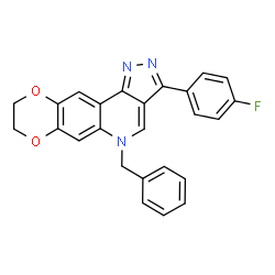 ChemSpider 2D Image | 5-Benzyl-3-(4-fluorophenyl)-8,9-dihydro-5H-[1,4]dioxino[2,3-g]pyrazolo[4,3-c]quinoline | C25H18FN3O2