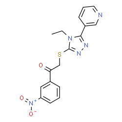 ChemSpider 2D Image | 2-{[4-Ethyl-5-(3-pyridinyl)-4H-1,2,4-triazol-3-yl]sulfanyl}-1-(3-nitrophenyl)ethanone | C17H15N5O3S