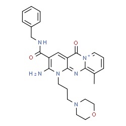 ChemSpider 2D Image | 2-Amino-3-(benzylcarbamoyl)-10-methyl-1-[3-(4-morpholinyl)propyl]-5-oxo-1,5-dihydrodipyrido[1,2-a:2',3'-d]pyrimidin-6-ium | C27H31N6O3