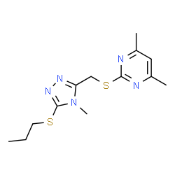 ChemSpider 2D Image | 4,6-Dimethyl-2-({[4-methyl-5-(propylsulfanyl)-4H-1,2,4-triazol-3-yl]methyl}sulfanyl)pyrimidine | C13H19N5S2