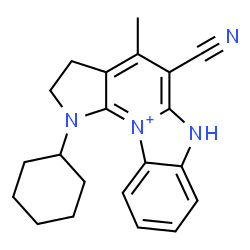 ChemSpider 2D Image | 5-Cyano-1-cyclohexyl-4-methyl-1,2,3,6-tetrahydropyrrolo[3',2':5,6]pyrido[1,2-a][3,1]benzimidazol-11-ium | C21H23N4