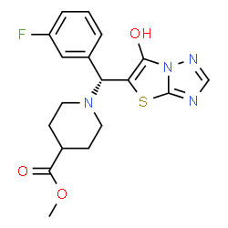 ChemSpider 2D Image | Methyl 1-[(R)-(3-fluorophenyl)(6-hydroxy[1,3]thiazolo[3,2-b][1,2,4]triazol-5-yl)methyl]-4-piperidinecarboxylate | C18H19FN4O3S