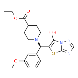 ChemSpider 2D Image | Ethyl 1-[(R)-(6-hydroxy[1,3]thiazolo[3,2-b][1,2,4]triazol-5-yl)(3-methoxyphenyl)methyl]-4-piperidinecarboxylate | C20H24N4O4S