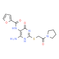 ChemSpider 2D Image | N-(6-Amino-4-oxo-2-{[2-oxo-2-(1-pyrrolidinyl)ethyl]sulfanyl}-1,4-dihydro-5-pyrimidinyl)-2-furamide | C15H17N5O4S
