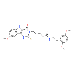 ChemSpider 2D Image | N-[2-(2,5-Dimethoxyphenyl)ethyl]-5-(8-methoxy-4-oxo-2-thioxo-1,2,4,5-tetrahydro-3H-pyrimido[5,4-b]indol-3-yl)pentanamide | C26H30N4O5S