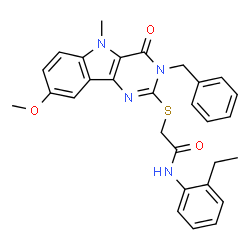ChemSpider 2D Image | 2-[(3-Benzyl-8-methoxy-5-methyl-4-oxo-4,5-dihydro-3H-pyrimido[5,4-b]indol-2-yl)sulfanyl]-N-(2-ethylphenyl)acetamide | C29H28N4O3S