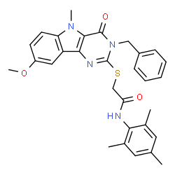 ChemSpider 2D Image | 2-[(3-Benzyl-8-methoxy-5-methyl-4-oxo-4,5-dihydro-3H-pyrimido[5,4-b]indol-2-yl)sulfanyl]-N-mesitylacetamide | C30H30N4O3S