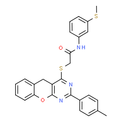 ChemSpider 2D Image | 2-{[2-(4-Methylphenyl)-5H-chromeno[2,3-d]pyrimidin-4-yl]sulfanyl}-N-[3-(methylsulfanyl)phenyl]acetamide | C27H23N3O2S2