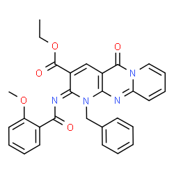 ChemSpider 2D Image | Ethyl (2Z)-1-benzyl-2-[(2-methoxybenzoyl)imino]-5-oxo-1,5-dihydro-2H-dipyrido[1,2-a:2',3'-d]pyrimidine-3-carboxylate | C29H24N4O5