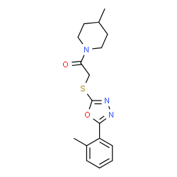 ChemSpider 2D Image | 2-{[5-(2-Methylphenyl)-1,3,4-oxadiazol-2-yl]sulfanyl}-1-(4-methyl-1-piperidinyl)ethanone | C17H21N3O2S